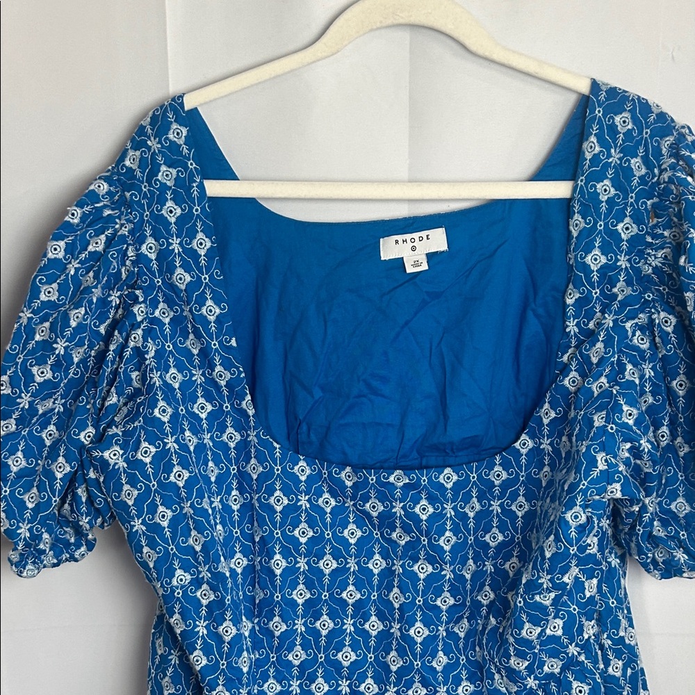 RHODE Royal Blue White Embroidered Puff-Sleeve Dress